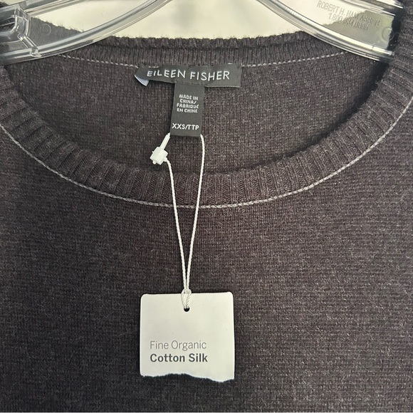 eileen fisher cotton silk dark grey sweater with contrast stitching front pocket - Picture 3 of 5